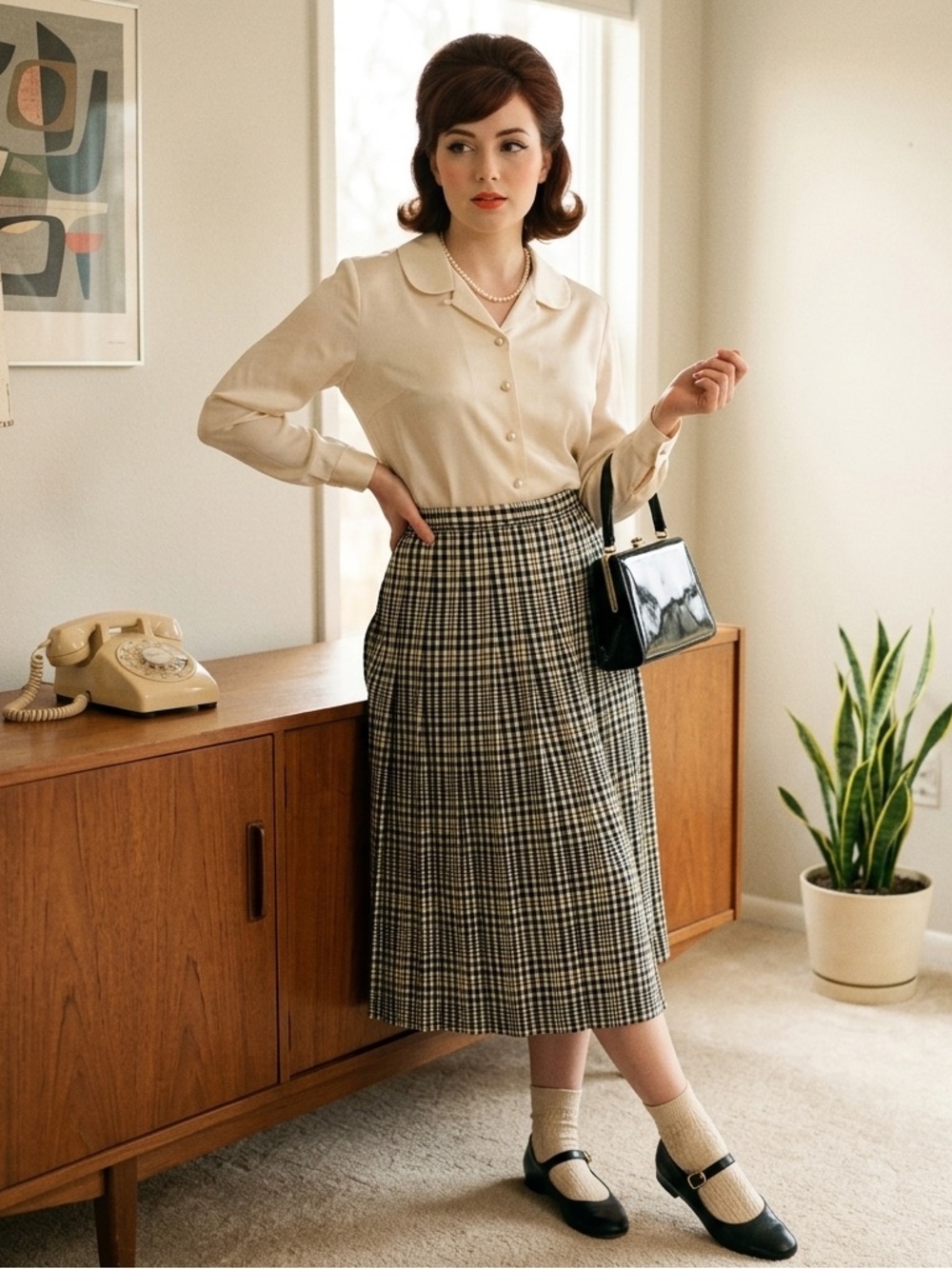 Vintage Pendleton Black & White & Yellow Plaid Midi Skirt, Women’s Size 12